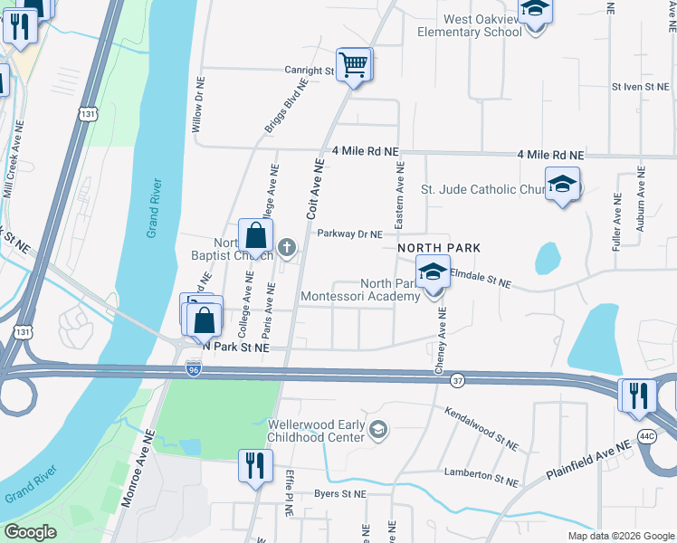 map of restaurants, bars, coffee shops, grocery stores, and more near 711 Wells Street Northeast in Grand Rapids
