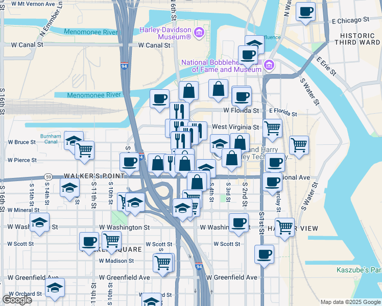 map of restaurants, bars, coffee shops, grocery stores, and more near 630 South 5th Street in Milwaukee