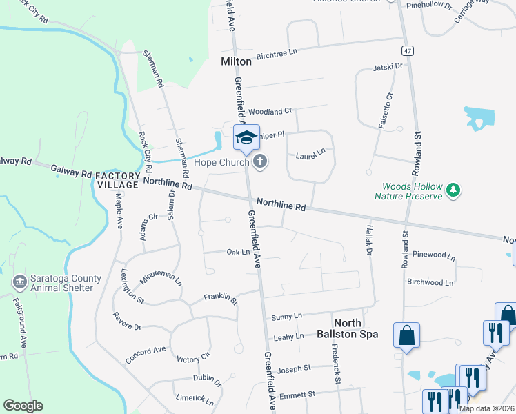 map of restaurants, bars, coffee shops, grocery stores, and more near 103 Greenfield Avenue in Ballston Spa