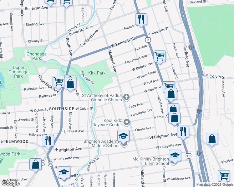map of restaurants, bars, coffee shops, grocery stores, and more near 1420 Midland Avenue in Syracuse