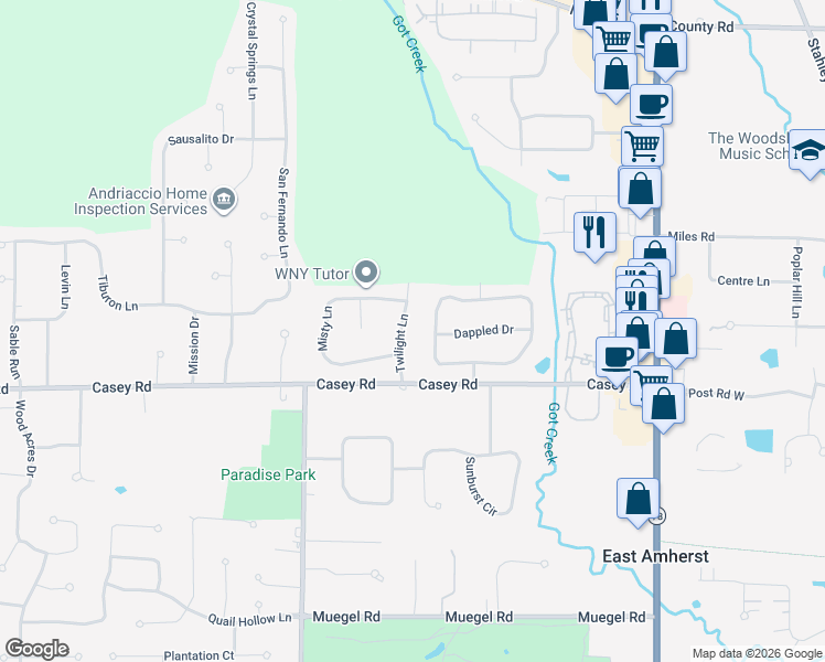 map of restaurants, bars, coffee shops, grocery stores, and more near 47 Twilight Lane in East Amherst