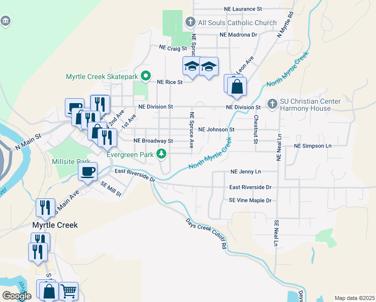 map of restaurants, bars, coffee shops, grocery stores, and more near 536 Northeast Howland Street in Myrtle Creek