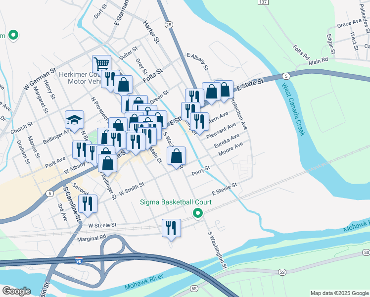map of restaurants, bars, coffee shops, grocery stores, and more near 200 South Washington Street in Herkimer