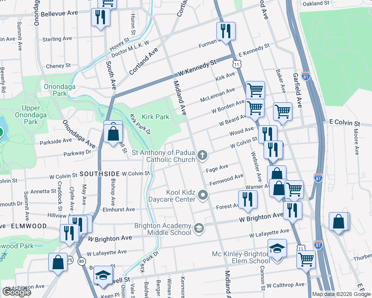 map of restaurants, bars, coffee shops, grocery stores, and more near 1420 Midland Avenue in Syracuse