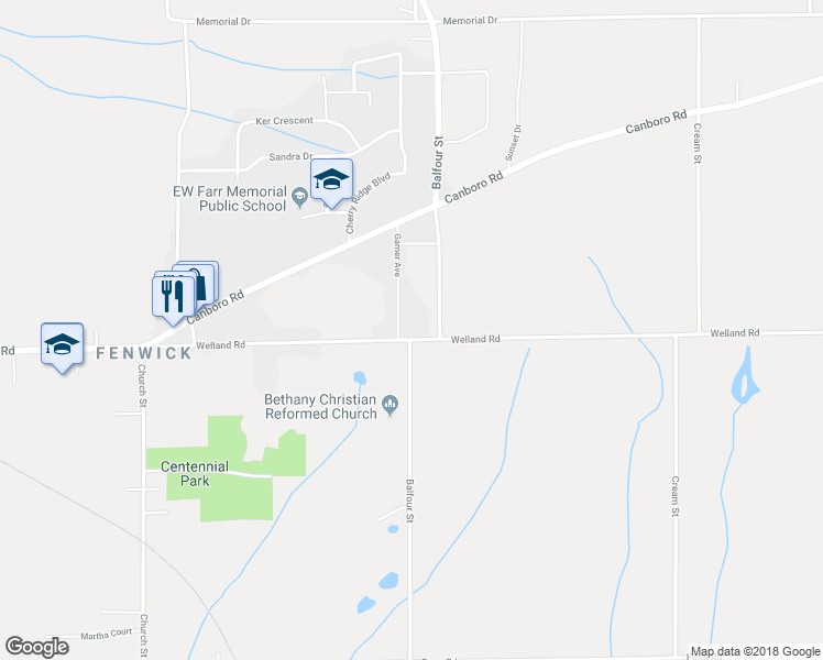 map of restaurants, bars, coffee shops, grocery stores, and more near 709 Welland Road in Pelham