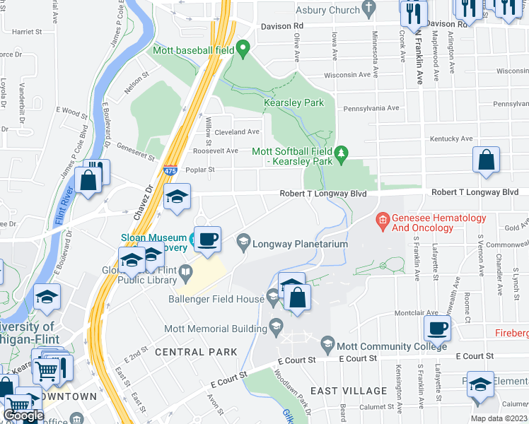 map of restaurants, bars, coffee shops, grocery stores, and more near 1445 East Kearsley Street in Flint