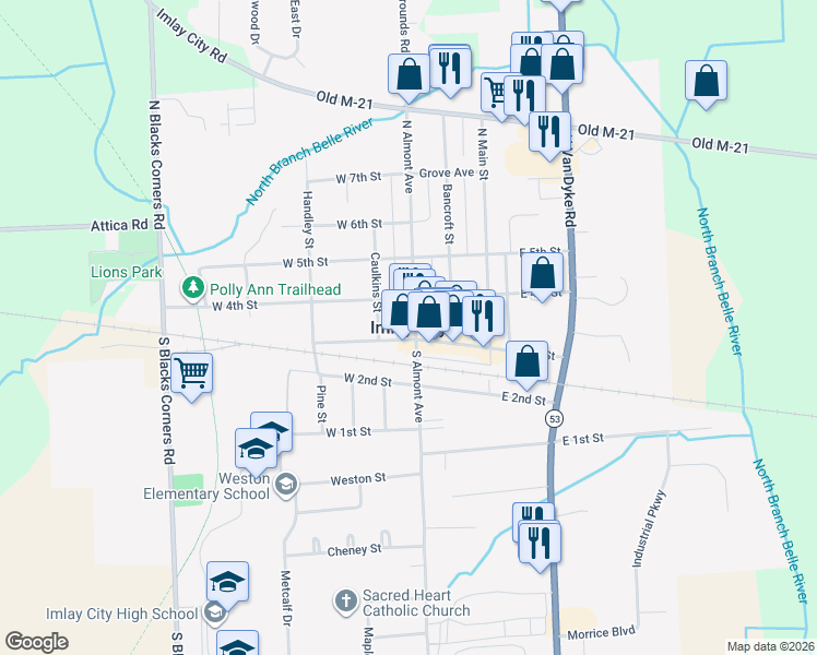 map of restaurants, bars, coffee shops, grocery stores, and more near in Imlay City
