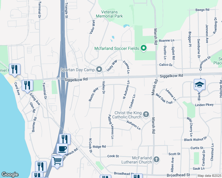 map of restaurants, bars, coffee shops, grocery stores, and more near 5009 Falling Leaves Lane in McFarland
