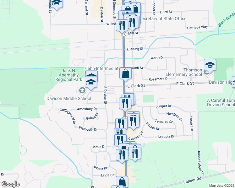 map of restaurants, bars, coffee shops, grocery stores, and more near 600 South Dayton Street in Davison