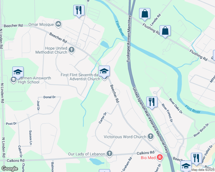 map of restaurants, bars, coffee shops, grocery stores, and more near 4255 Beecher Road in Flint