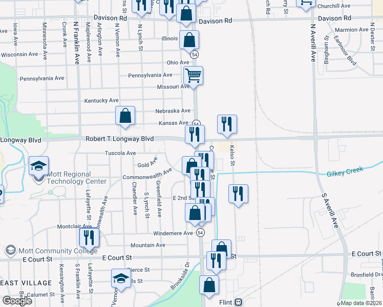 map of restaurants, bars, coffee shops, grocery stores, and more near 201 Dort Highway in Flint