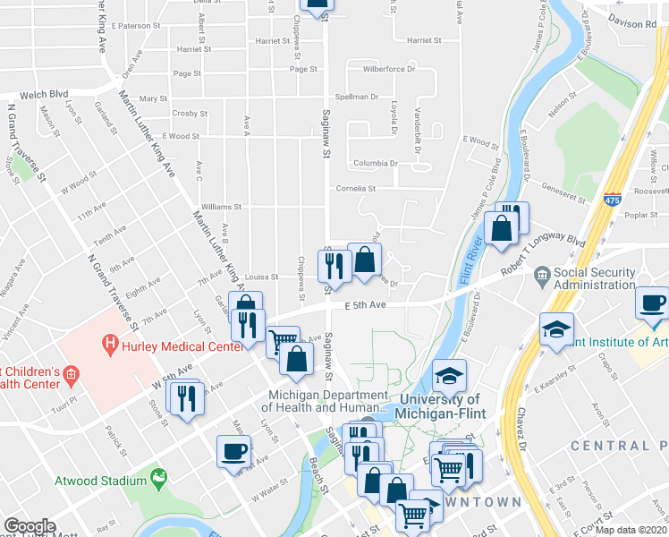 map of restaurants, bars, coffee shops, grocery stores, and more near 915 Saginaw Street in Flint