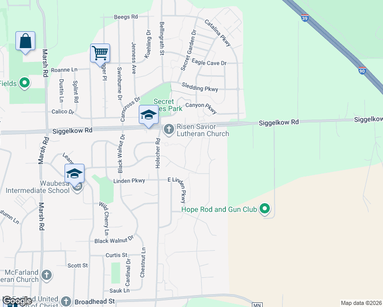 map of restaurants, bars, coffee shops, grocery stores, and more near 5251 Lodgecliffe Lane in McFarland