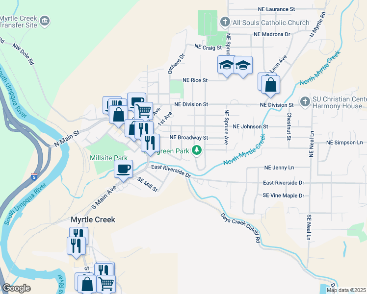 map of restaurants, bars, coffee shops, grocery stores, and more near 220 Northeast Howland Street in Myrtle Creek