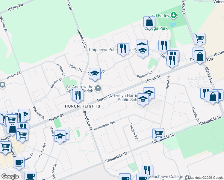 map of restaurants, bars, coffee shops, grocery stores, and more near 106 Christians Court in London