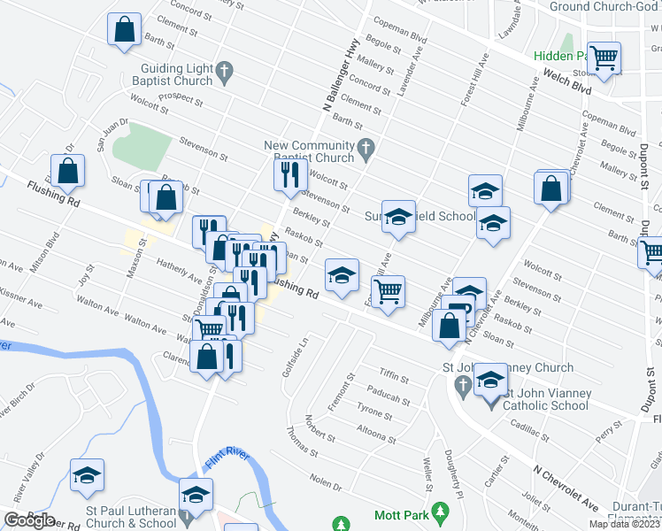 map of restaurants, bars, coffee shops, grocery stores, and more near 2752 Sloan Street in Flint