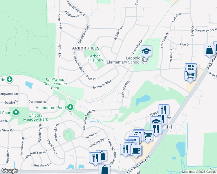 map of restaurants, bars, coffee shops, grocery stores, and more near 5 Essex Court in Madison