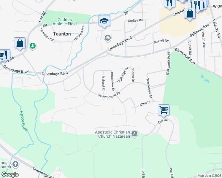 map of restaurants, bars, coffee shops, grocery stores, and more near 220 Broadview Drive in Syracuse