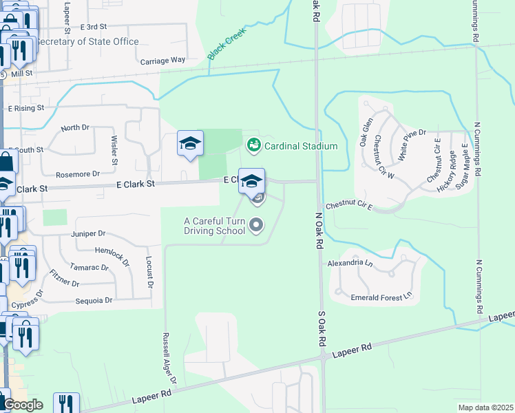 map of restaurants, bars, coffee shops, grocery stores, and more near 1250 North Oak Road in Davison