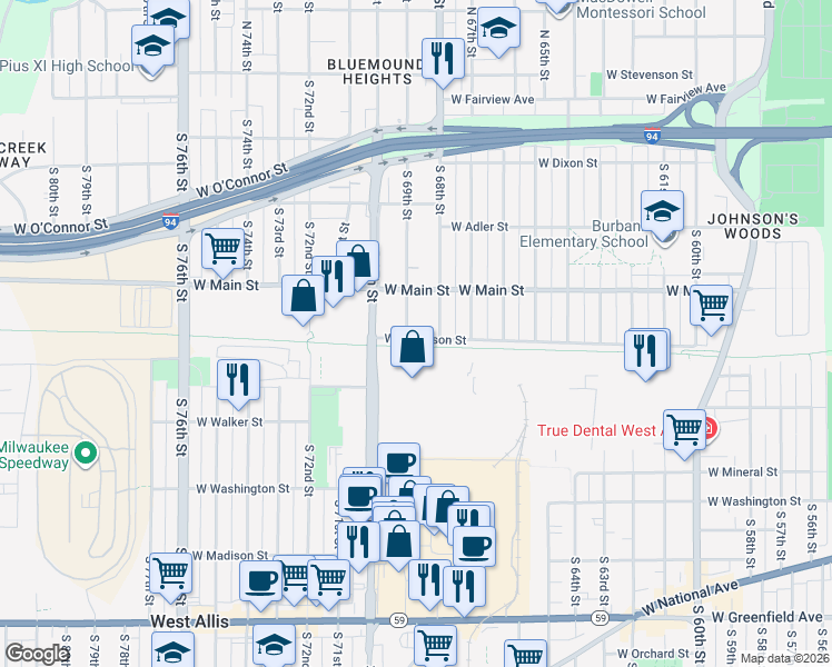 map of restaurants, bars, coffee shops, grocery stores, and more near 653 South 69th Street in Milwaukee