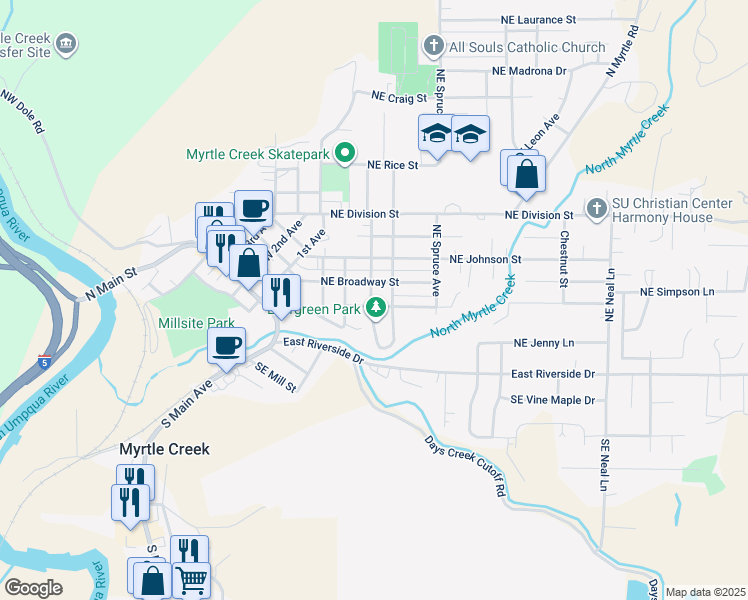 map of restaurants, bars, coffee shops, grocery stores, and more near 334 Northeast Howland Street in Myrtle Creek