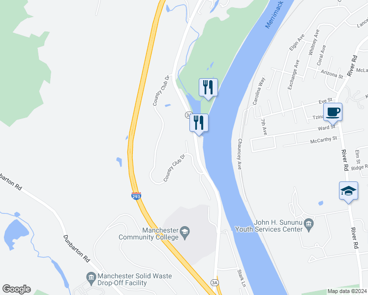 map of restaurants, bars, coffee shops, grocery stores, and more near 3 Country Club Drive in Manchester