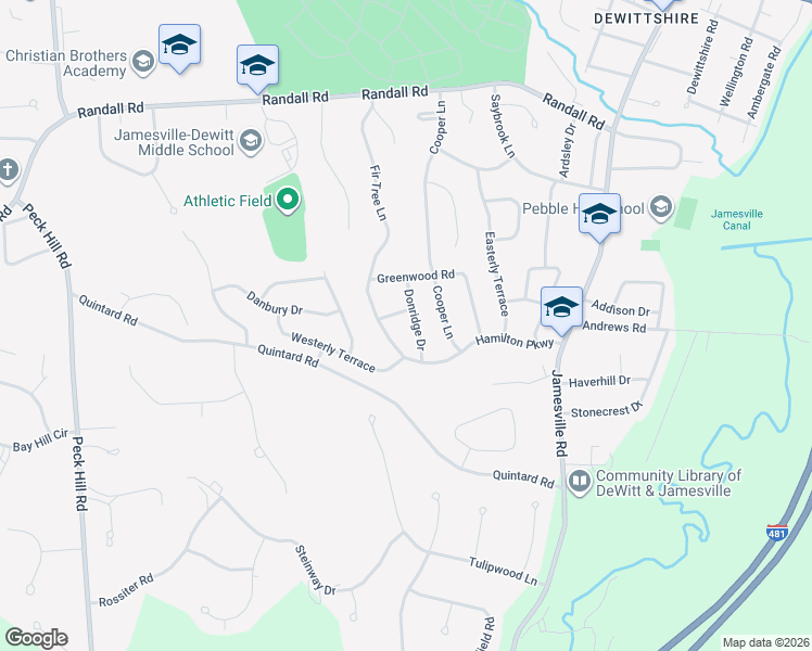 map of restaurants, bars, coffee shops, grocery stores, and more near 104 Donridge Drive in Syracuse