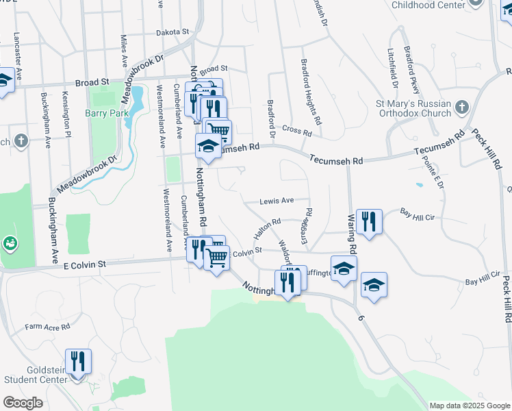 map of restaurants, bars, coffee shops, grocery stores, and more near 302 Waldorf Parkway in Syracuse