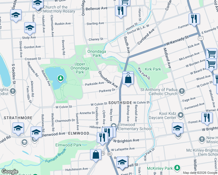 map of restaurants, bars, coffee shops, grocery stores, and more near 134 Parkway Drive in Syracuse