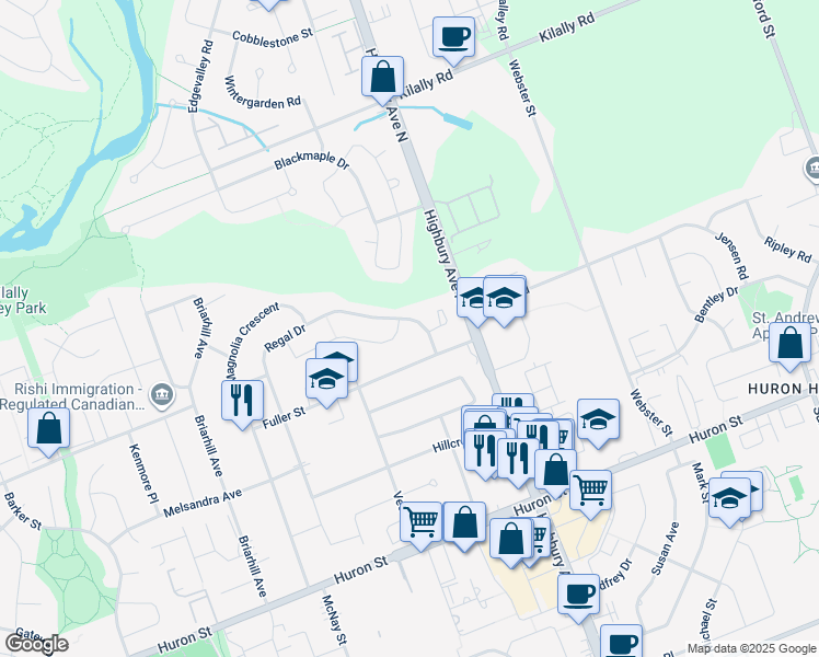 map of restaurants, bars, coffee shops, grocery stores, and more near 89 Trillium Crescent in London
