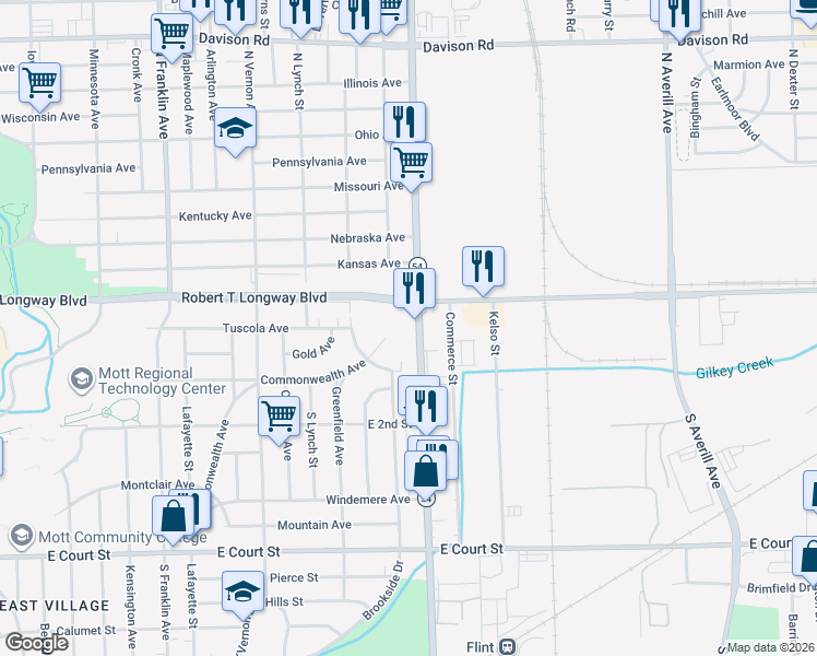 map of restaurants, bars, coffee shops, grocery stores, and more near 201 Dort Highway in Flint