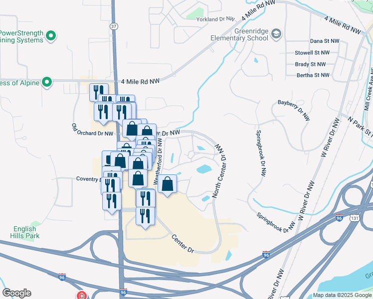 map of restaurants, bars, coffee shops, grocery stores, and more near 3359 Ridgeview Drive Northwest in Walker