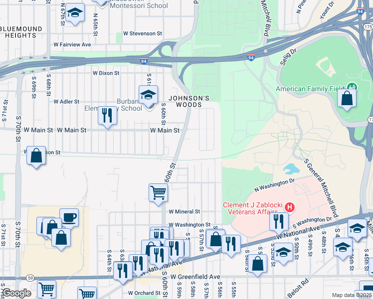 map of restaurants, bars, coffee shops, grocery stores, and more near 676 South Hawley Road in Milwaukee