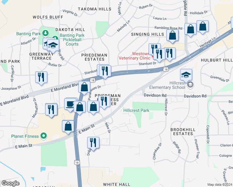 map of restaurants, bars, coffee shops, grocery stores, and more near 1823 Paramount Drive in Waukesha