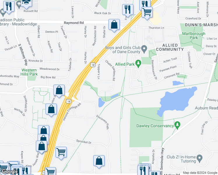 map of restaurants, bars, coffee shops, grocery stores, and more near 2424 Chalet Gardens Court in Fitchburg