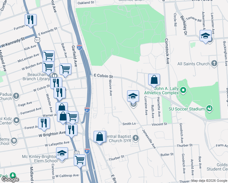 map of restaurants, bars, coffee shops, grocery stores, and more near 218 Moore Avenue in Syracuse
