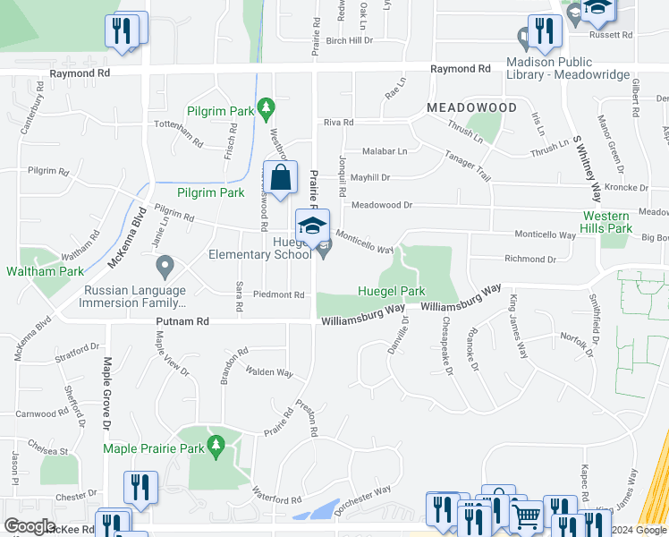 map of restaurants, bars, coffee shops, grocery stores, and more near 2601 Prairie Road in Madison