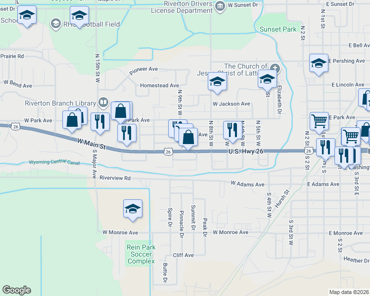 map of restaurants, bars, coffee shops, grocery stores, and more near 840 West Main Street in Riverton