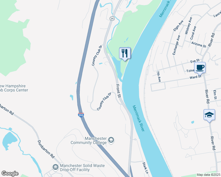 map of restaurants, bars, coffee shops, grocery stores, and more near 3 Country Club Drive in Manchester