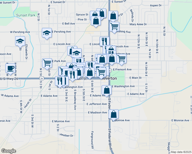 map of restaurants, bars, coffee shops, grocery stores, and more near 611 East Main Street in Riverton