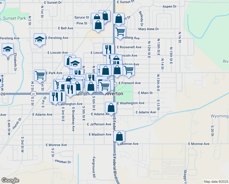 map of restaurants, bars, coffee shops, grocery stores, and more near in Riverton