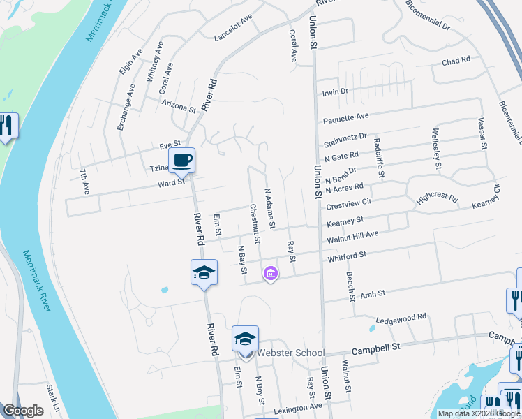 map of restaurants, bars, coffee shops, grocery stores, and more near 1311 Chestnut Street in Manchester