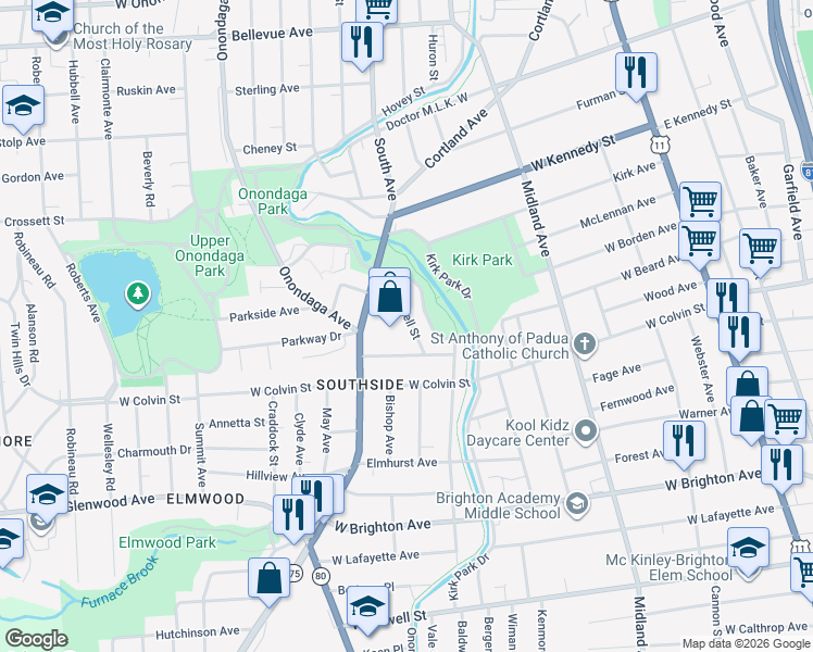 map of restaurants, bars, coffee shops, grocery stores, and more near 1225 South Avenue in Syracuse