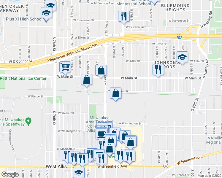 map of restaurants, bars, coffee shops, grocery stores, and more near 653 South 69th Street in Milwaukee