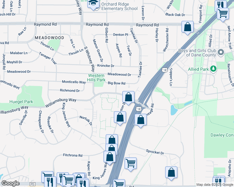 map of restaurants, bars, coffee shops, grocery stores, and more near 5401 Williamsburg Way in Fitchburg