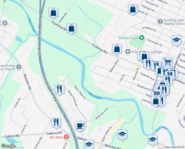 map of restaurants, bars, coffee shops, grocery stores, and more near 3374 Kissner Avenue in Flint