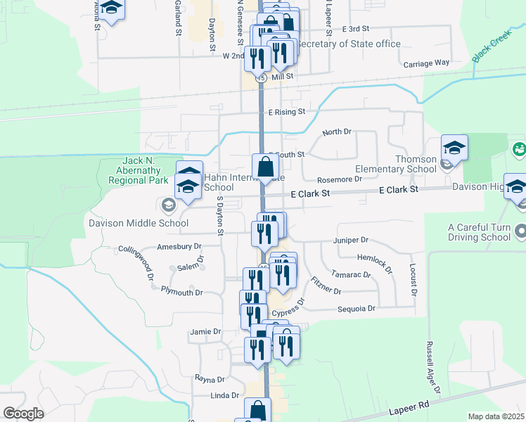 map of restaurants, bars, coffee shops, grocery stores, and more near 600 South State Road in Davison