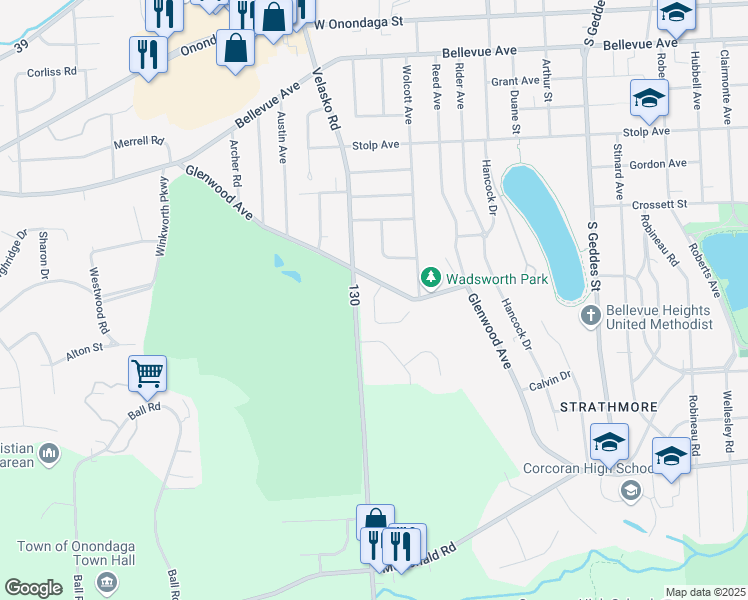 map of restaurants, bars, coffee shops, grocery stores, and more near Bunker Hill Way in Syracuse