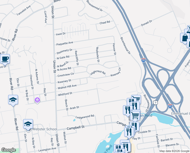 map of restaurants, bars, coffee shops, grocery stores, and more near 281 Kearney Circle in Manchester