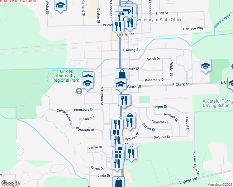 map of restaurants, bars, coffee shops, grocery stores, and more near 600 South State Road in Davison